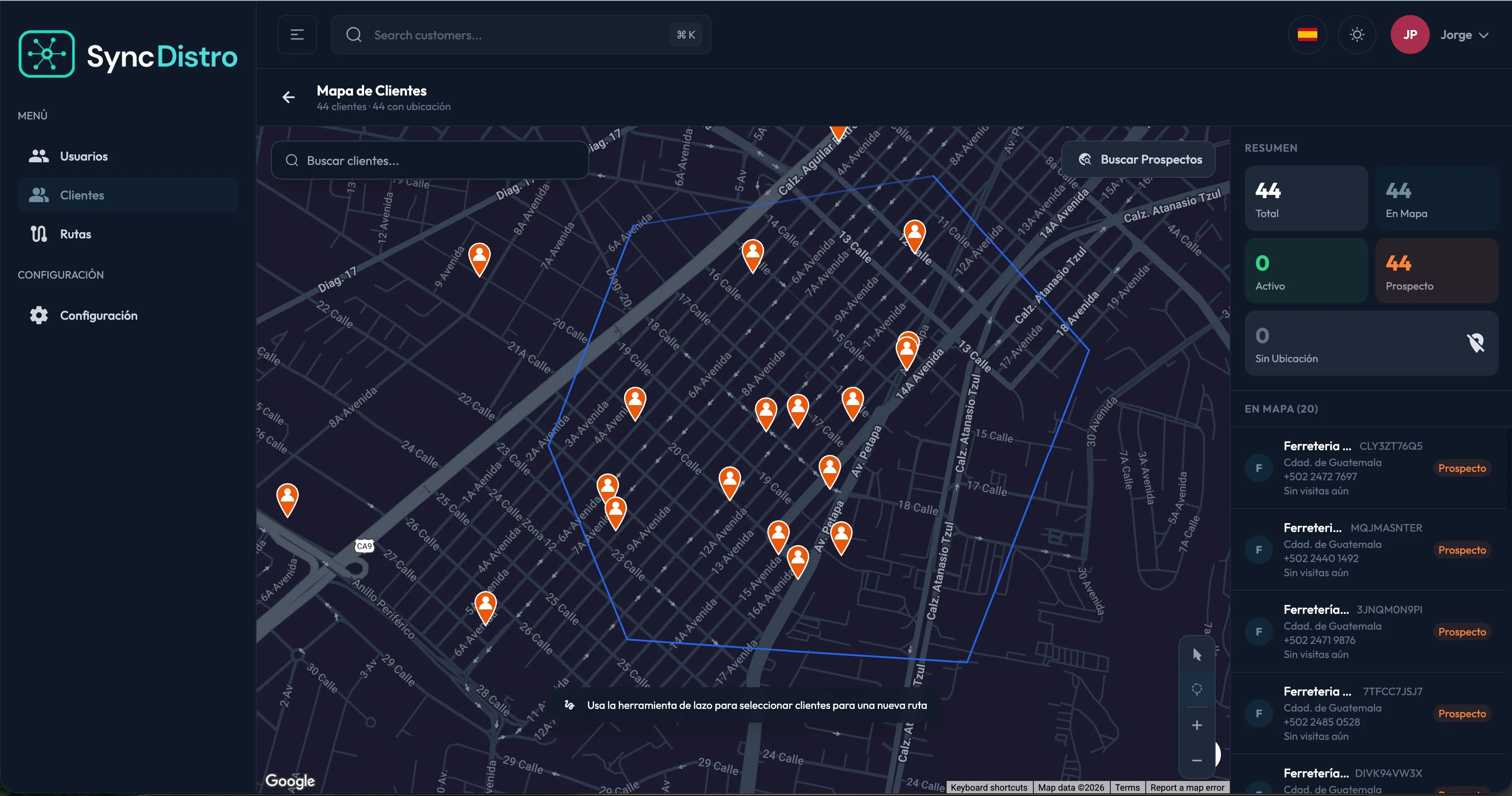 Mapa de clientes de SyncDistro con la herramienta de lazo seleccionando negocios para una ruta nueva