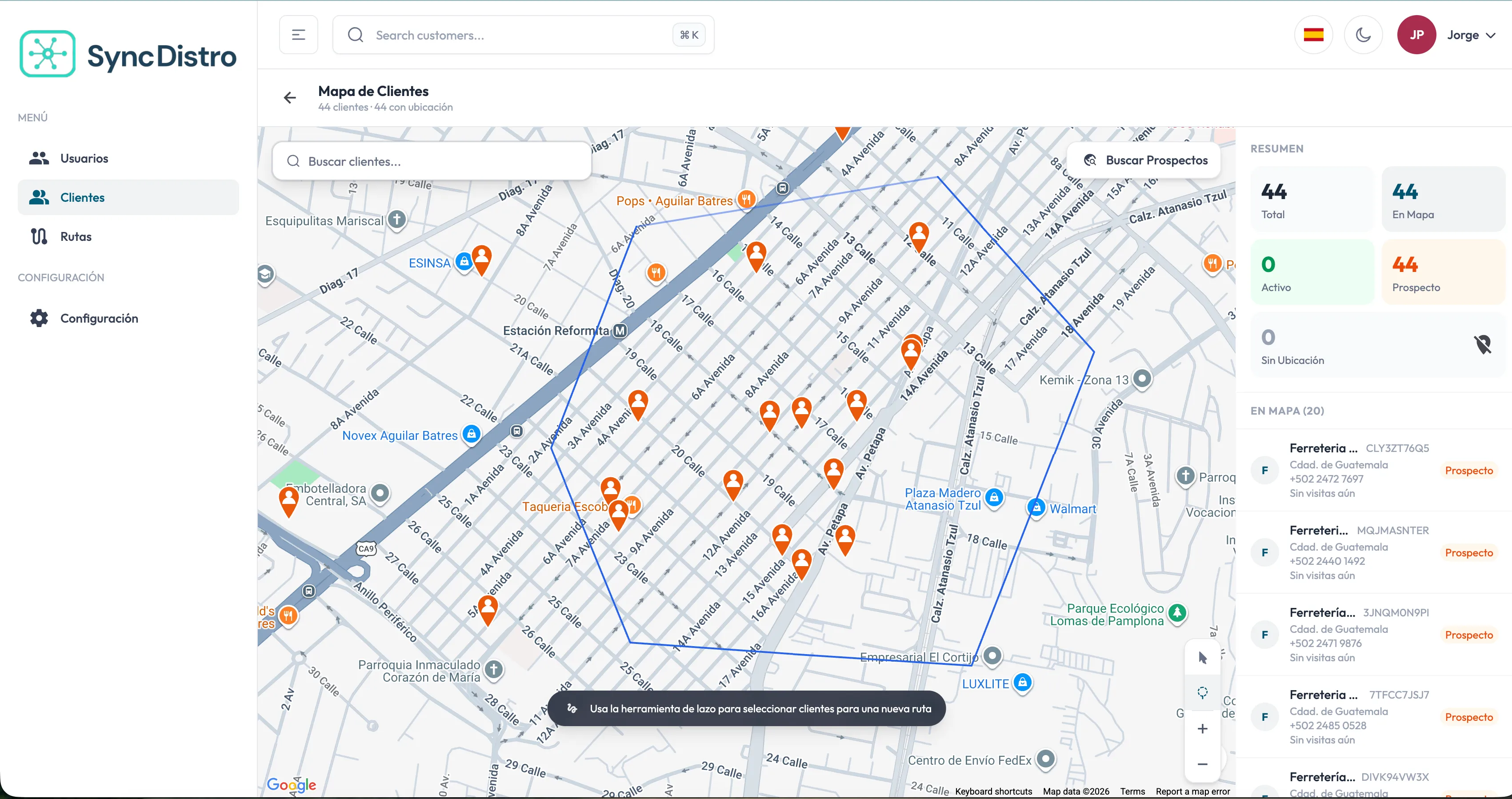 Mapa de clientes de SyncDistro con la herramienta de lazo seleccionando negocios para una ruta nueva