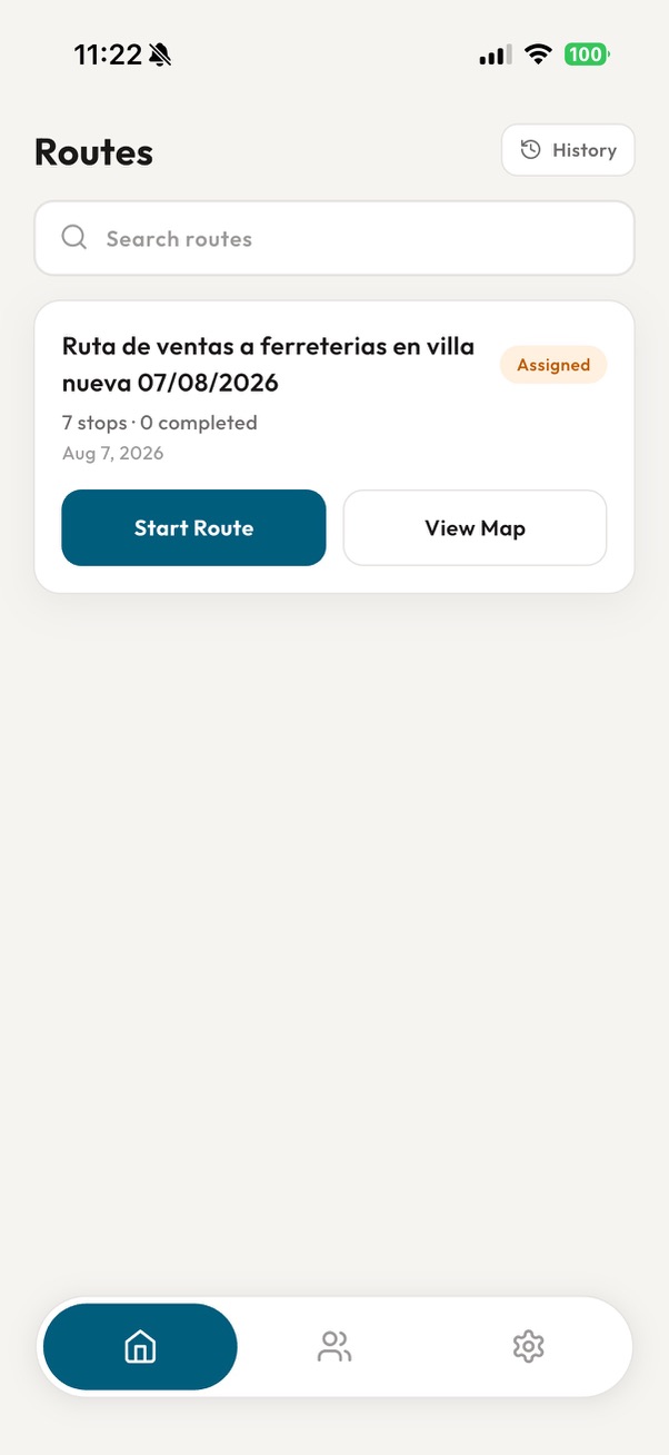 Listado de rutas asignadas en la app móvil