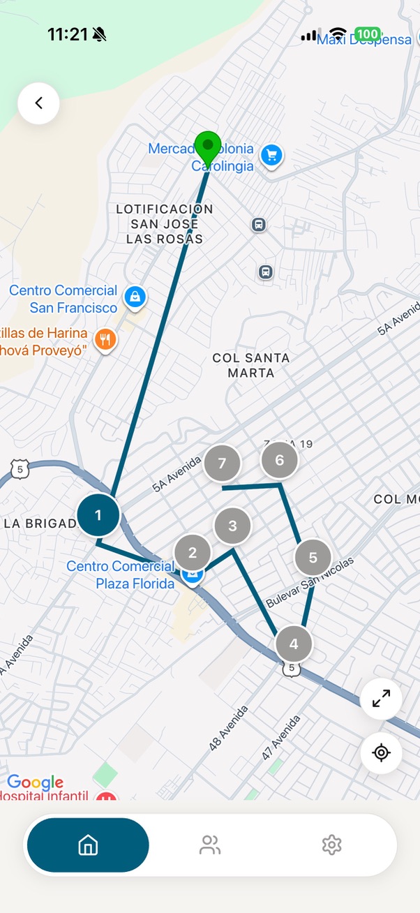 Ruta optimizada mostrada en el mapa de la app móvil