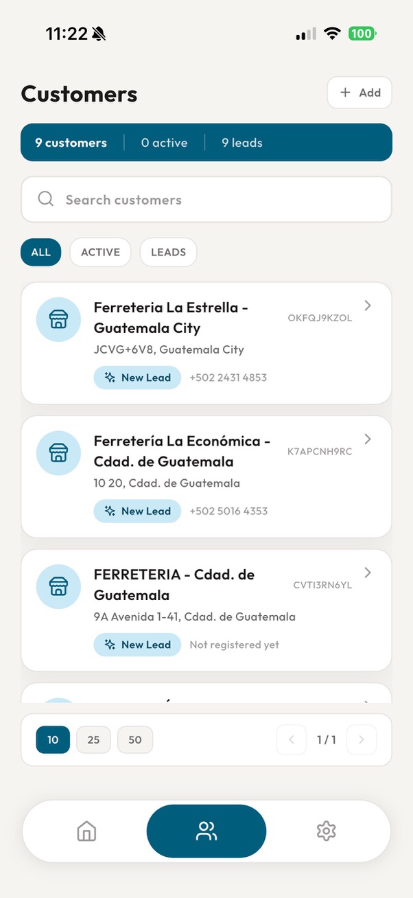 Listado de clientes en la app móvil